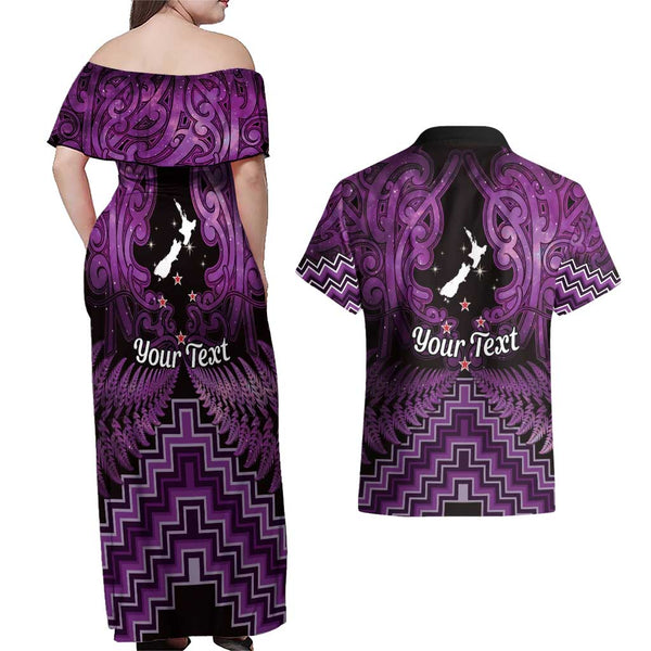Personalised Aotearoa Couples Matching Off Shoulder Short Dress and Hawaiian Shirt Maori Kiwi Yellow Fern LT01 main image 1