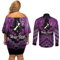 Personalised Aotearoa Matariki Couples Matching Off Shoulder Short Dress and Long Sleeve Button Shirt Purple Fern Maori Poutama