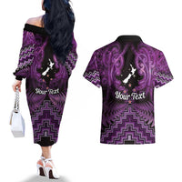 Personalised Aotearoa Matariki Couples Matching Off The Shoulder Long Sleeve Dress and Hawaiian Shirt Purple Fern Maori Poutama