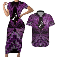 Personalised Aotearoa Matariki Couples Matching Short Sleeve Bodycon Dress and Hawaiian Shirt Purple Fern Maori Poutama
