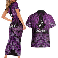 Personalised Aotearoa Matariki Couples Matching Short Sleeve Bodycon Dress and Hawaiian Shirt Purple Fern Maori Poutama