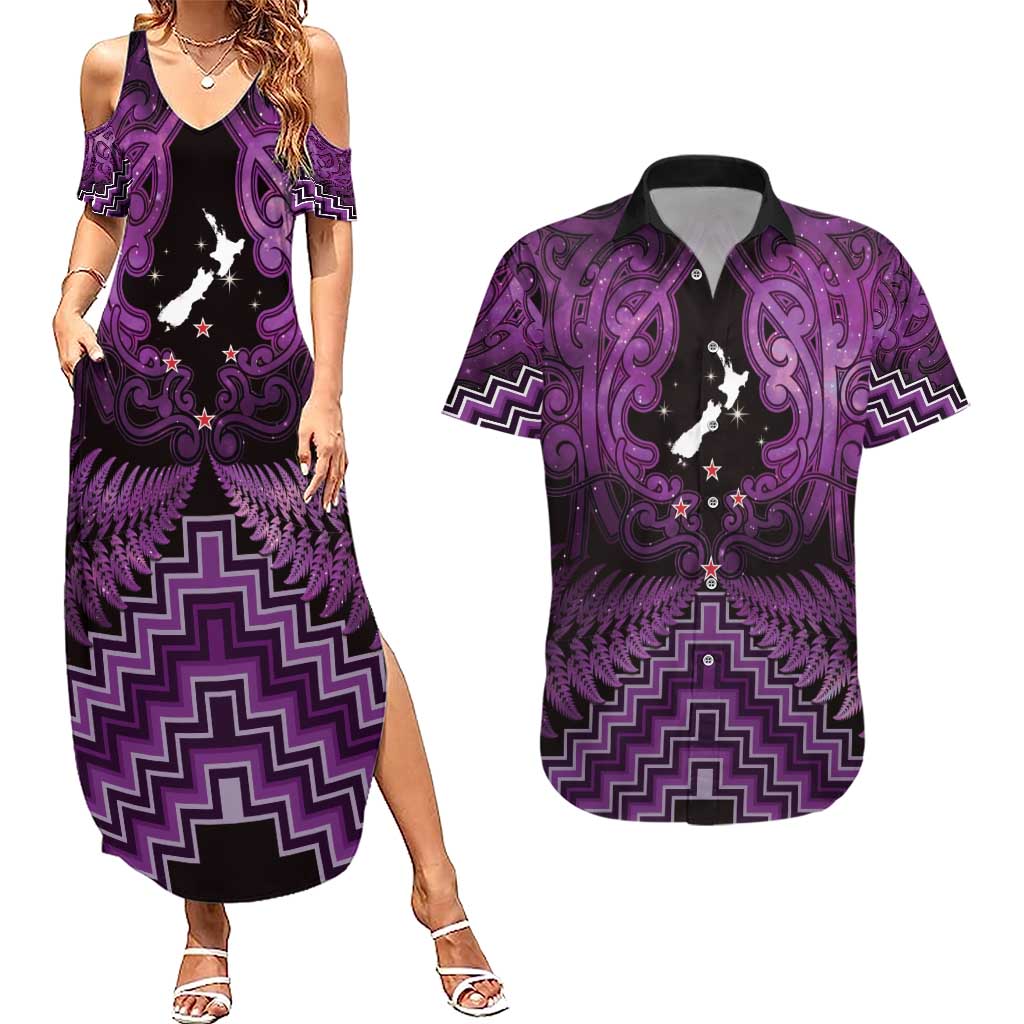 Personalised Aotearoa Matariki Couples Matching Summer Maxi Dress and Hawaiian Shirt Purple Fern Maori Poutama