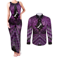 Personalised Aotearoa Matariki Couples Matching Tank Maxi Dress and Long Sleeve Button Shirt Purple Fern Maori Poutama