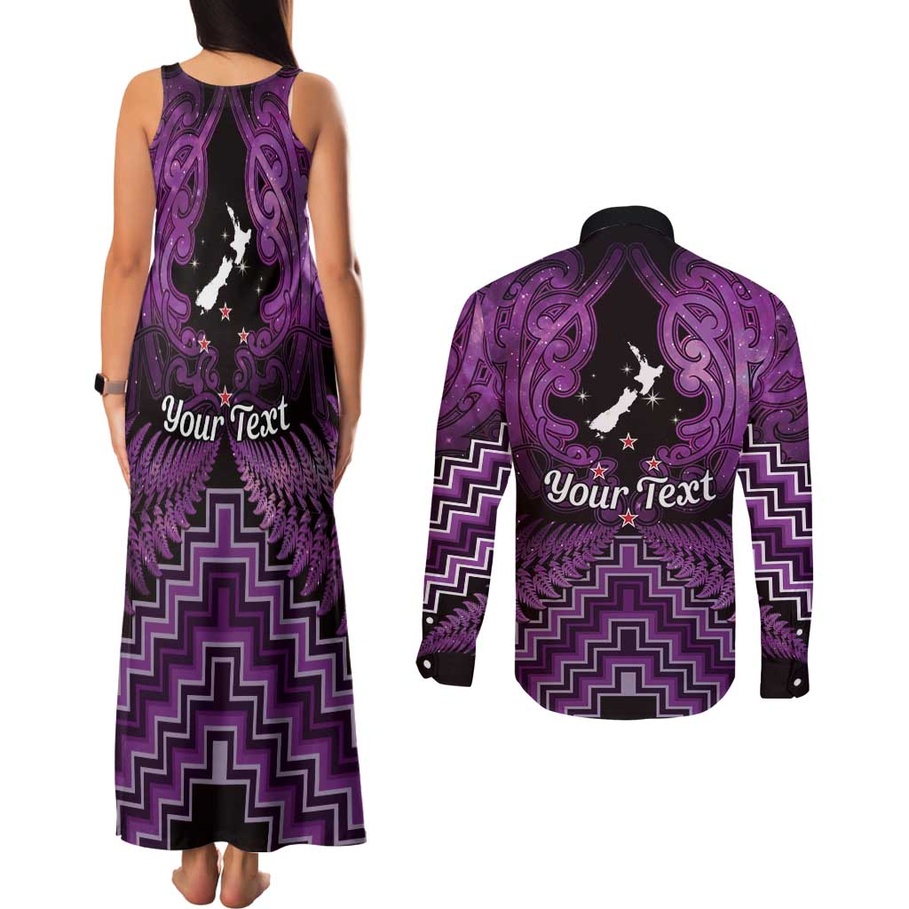 Personalised Aotearoa Matariki Couples Matching Tank Maxi Dress and Long Sleeve Button Shirt Purple Fern Maori Poutama