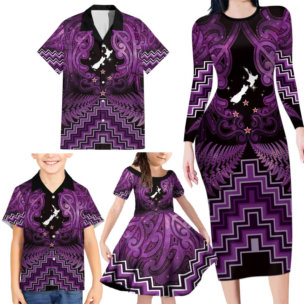 Personalised Aotearoa Matariki Family Matching Long Sleeve Bodycon Dress and Hawaiian Shirt Purple Fern Maori Poutama