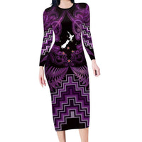 Personalised Aotearoa Matariki Family Matching Long Sleeve Bodycon Dress and Hawaiian Shirt Purple Fern Maori Poutama