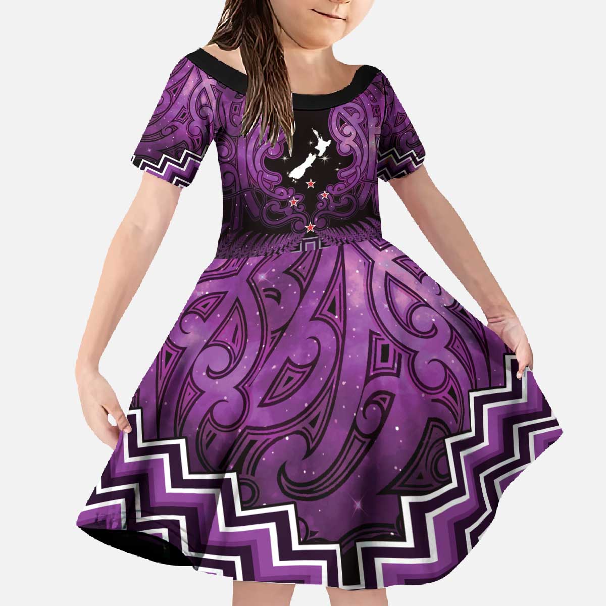 Personalised Aotearoa Matariki Family Matching Off The Shoulder Long Sleeve Dress and Hawaiian Shirt Purple Fern Maori Poutama
