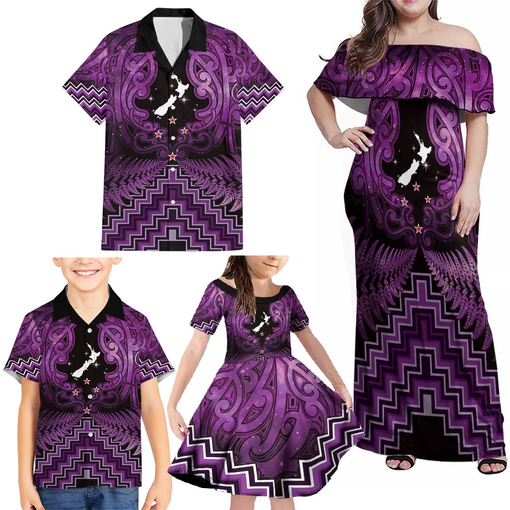 Personalised Aotearoa Matariki Family Matching Off Shoulder Maxi Dress and Hawaiian Shirt Purple Fern Maori Poutama
