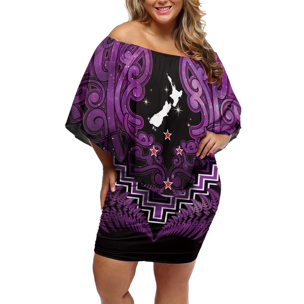 Personalised Aotearoa Matariki Family Matching Off Shoulder Short Dress and Hawaiian Shirt Purple Fern Maori Poutama
