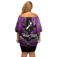 Personalised Aotearoa Matariki Family Matching Off Shoulder Short Dress and Hawaiian Shirt Purple Fern Maori Poutama