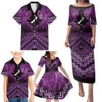Personalised Aotearoa Matariki Family Matching Puletasi and Hawaiian Shirt Purple Fern Maori Poutama