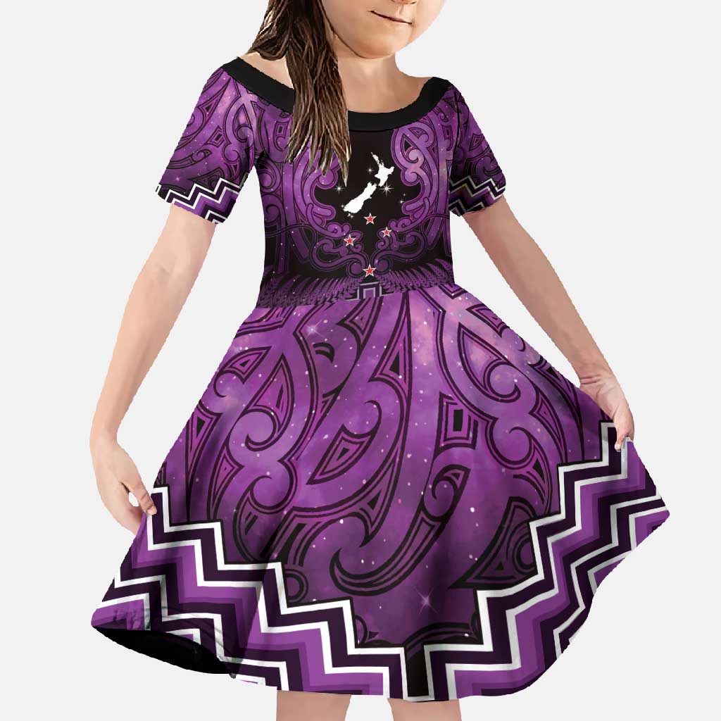Personalised Aotearoa Matariki Family Matching Short Sleeve Bodycon Dress and Hawaiian Shirt Purple Fern Maori Poutama