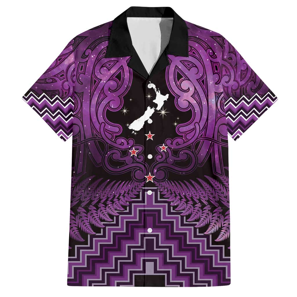 Personalised Aotearoa Matariki Family Matching Short Sleeve Bodycon Dress and Hawaiian Shirt Purple Fern Maori Poutama