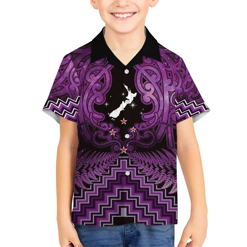 Personalised Aotearoa Matariki Family Matching Short Sleeve Bodycon Dress and Hawaiian Shirt Purple Fern Maori Poutama