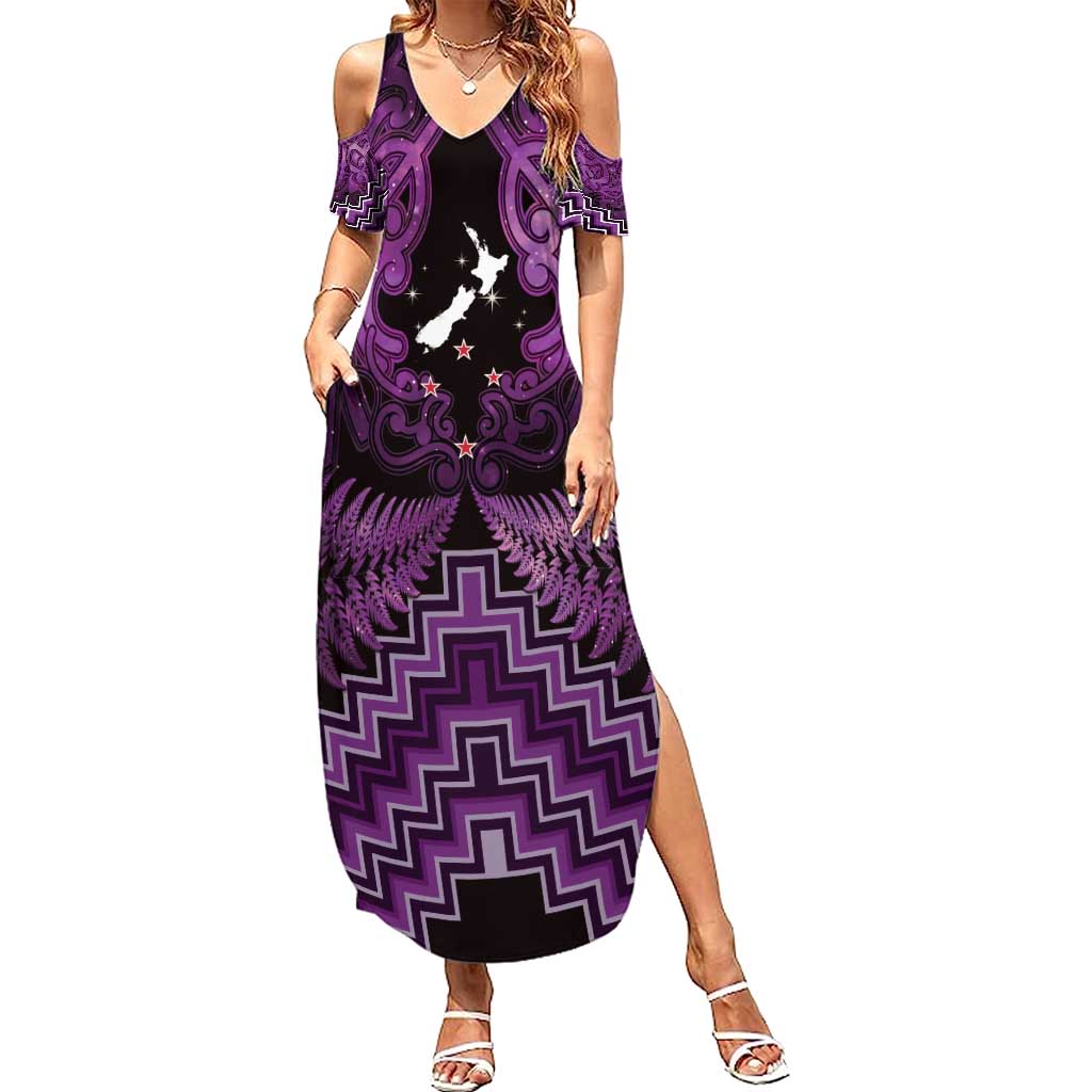 Personalised Aotearoa Matariki Family Matching Summer Maxi Dress and Hawaiian Shirt Purple Fern Maori Poutama