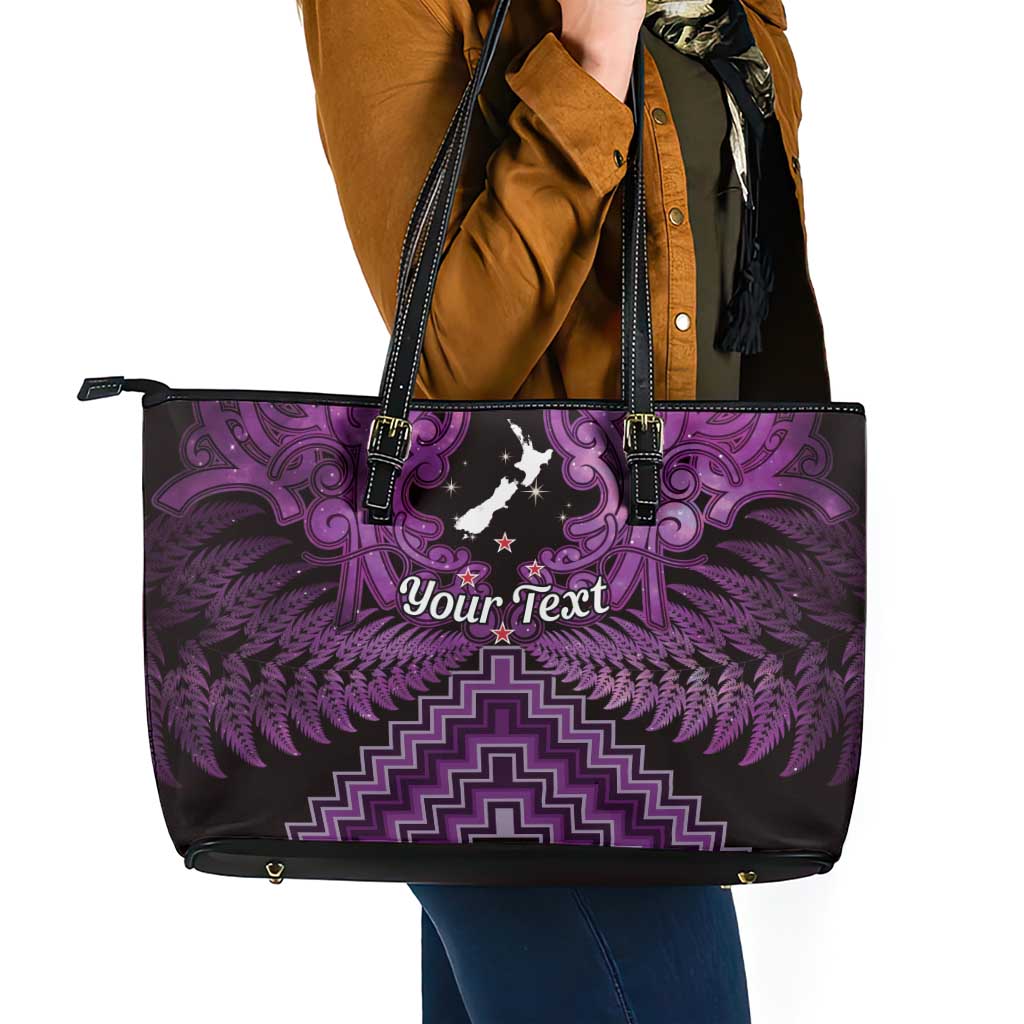 Personalised Aotearoa Matariki Leather Tote Bag Purple Fern Maori Poutama