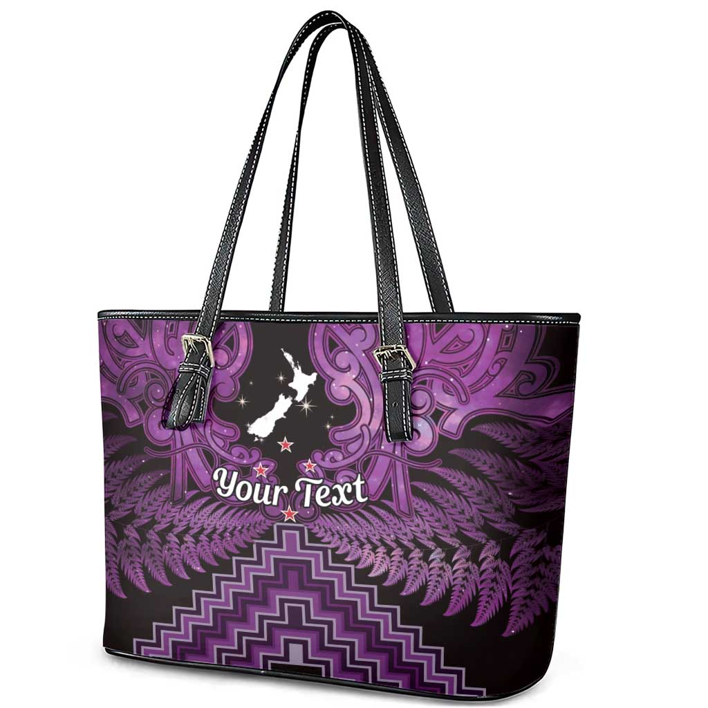 Personalised Aotearoa Matariki Leather Tote Bag Purple Fern Maori Poutama