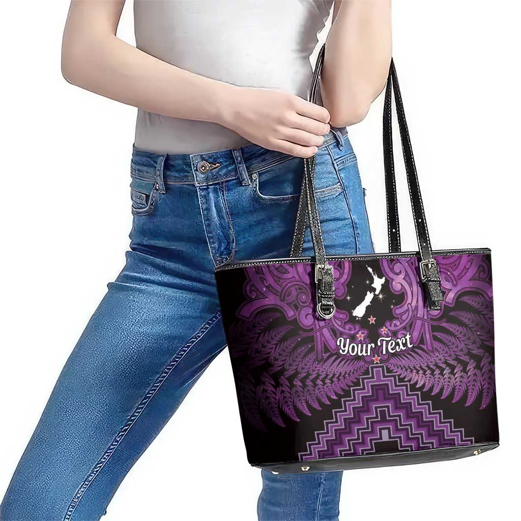 Personalised Aotearoa Matariki Leather Tote Bag Purple Fern Maori Poutama