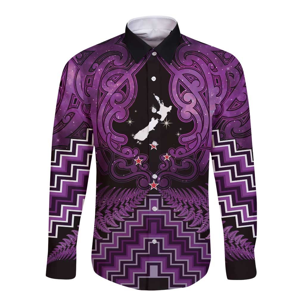 Personalised Aotearoa Matariki Long Sleeve Button Shirt Purple Fern Maori Poutama