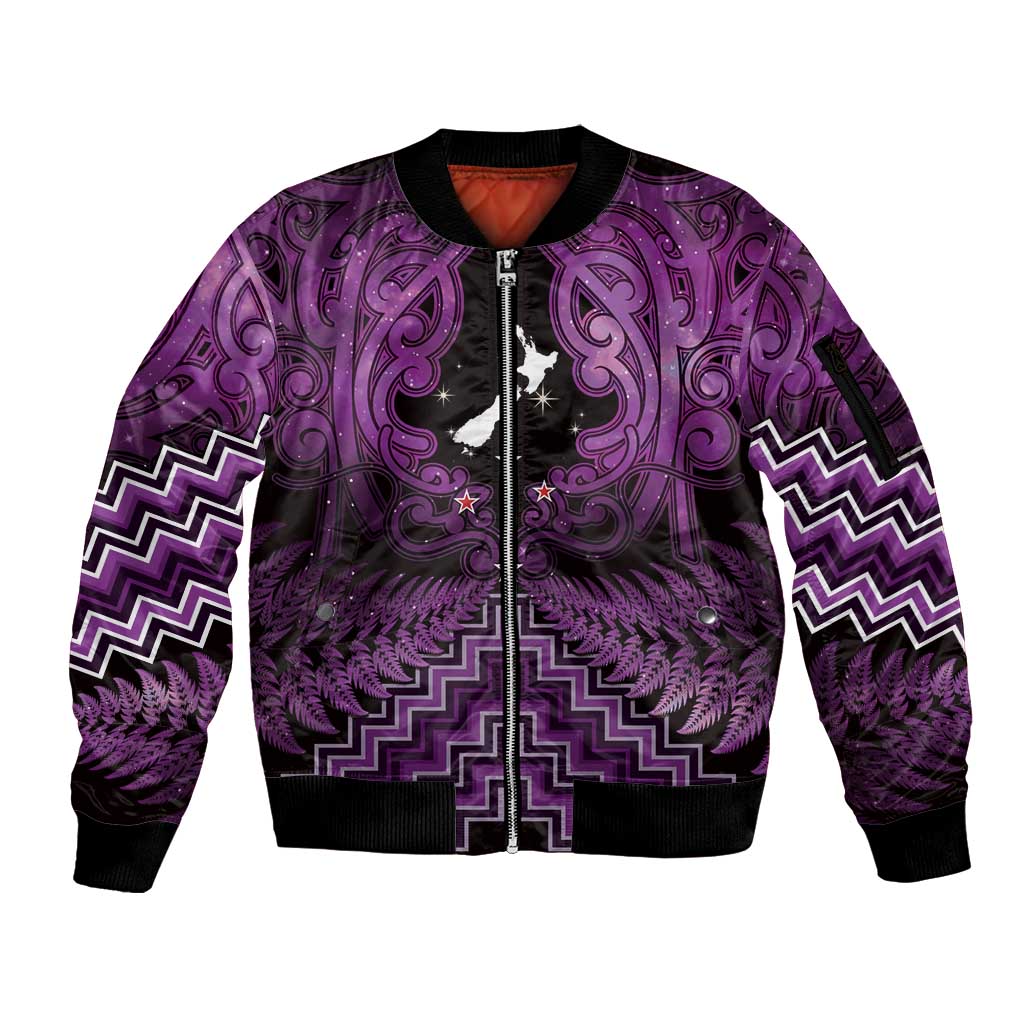 Personalised Aotearoa Matariki Sleeve Zip Bomber Jacket Purple Fern Maori Poutama
