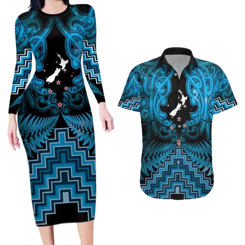 Personalised Aotearoa Matariki Couples Matching Long Sleeve Bodycon Dress and Hawaiian Shirt Turquoise Fern Maori Poutama