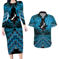 Personalised Aotearoa Matariki Couples Matching Long Sleeve Bodycon Dress and Hawaiian Shirt Turquoise Fern Maori Poutama