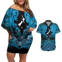 Personalised Aotearoa Matariki Couples Matching Off Shoulder Short Dress and Hawaiian Shirt Turquoise Fern Maori Poutama