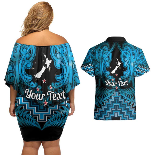 Personalised New Zealand Off Shoulder Short Dress Aotearoa Blue Maori Kiwi Blue Fern LT01