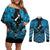 Personalised Aotearoa Matariki Couples Matching Off Shoulder Short Dress and Long Sleeve Button Shirt Turquoise Fern Maori Poutama