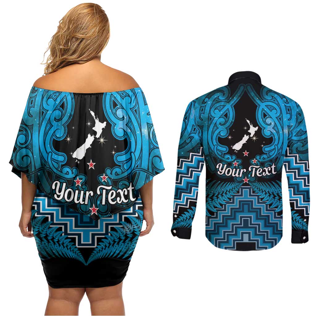 Personalised Aotearoa Matariki Couples Matching Off Shoulder Short Dress and Long Sleeve Button Shirt Turquoise Fern Maori Poutama