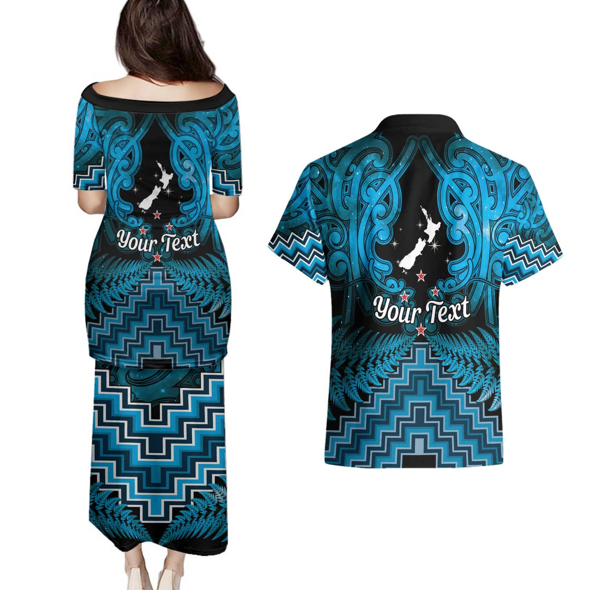Personalised Aotearoa Matariki Couples Matching Puletasi and Hawaiian Shirt Turquoise Fern Maori Poutama