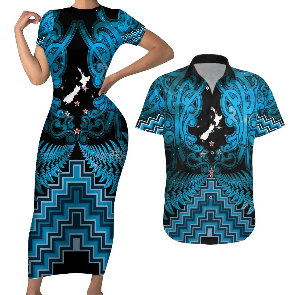 Personalised Aotearoa Matariki Couples Matching Short Sleeve Bodycon Dress and Hawaiian Shirt Turquoise Fern Maori Poutama