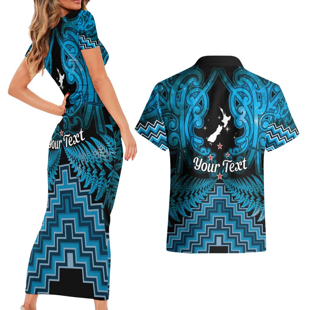 Personalised Aotearoa Matariki Couples Matching Short Sleeve Bodycon Dress and Hawaiian Shirt Turquoise Fern Maori Poutama