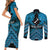Personalised Aotearoa Matariki Couples Matching Short Sleeve Bodycon Dress and Long Sleeve Button Shirt Turquoise Fern Maori Poutama