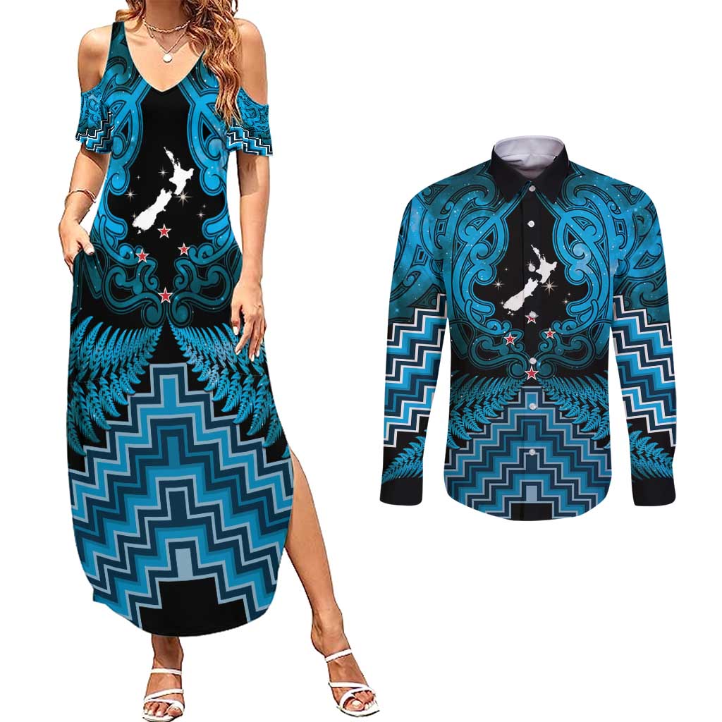 Personalised Aotearoa Matariki Couples Matching Summer Maxi Dress and Long Sleeve Button Shirt Turquoise Fern Maori Poutama