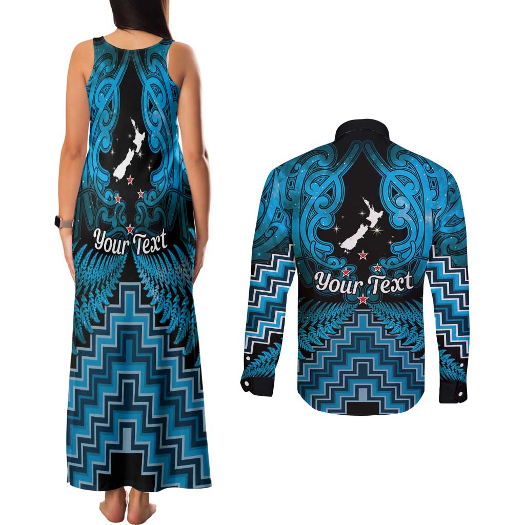 Personalised Aotearoa Matariki Couples Matching Tank Maxi Dress and Long Sleeve Button Shirt Turquoise Fern Maori Poutama