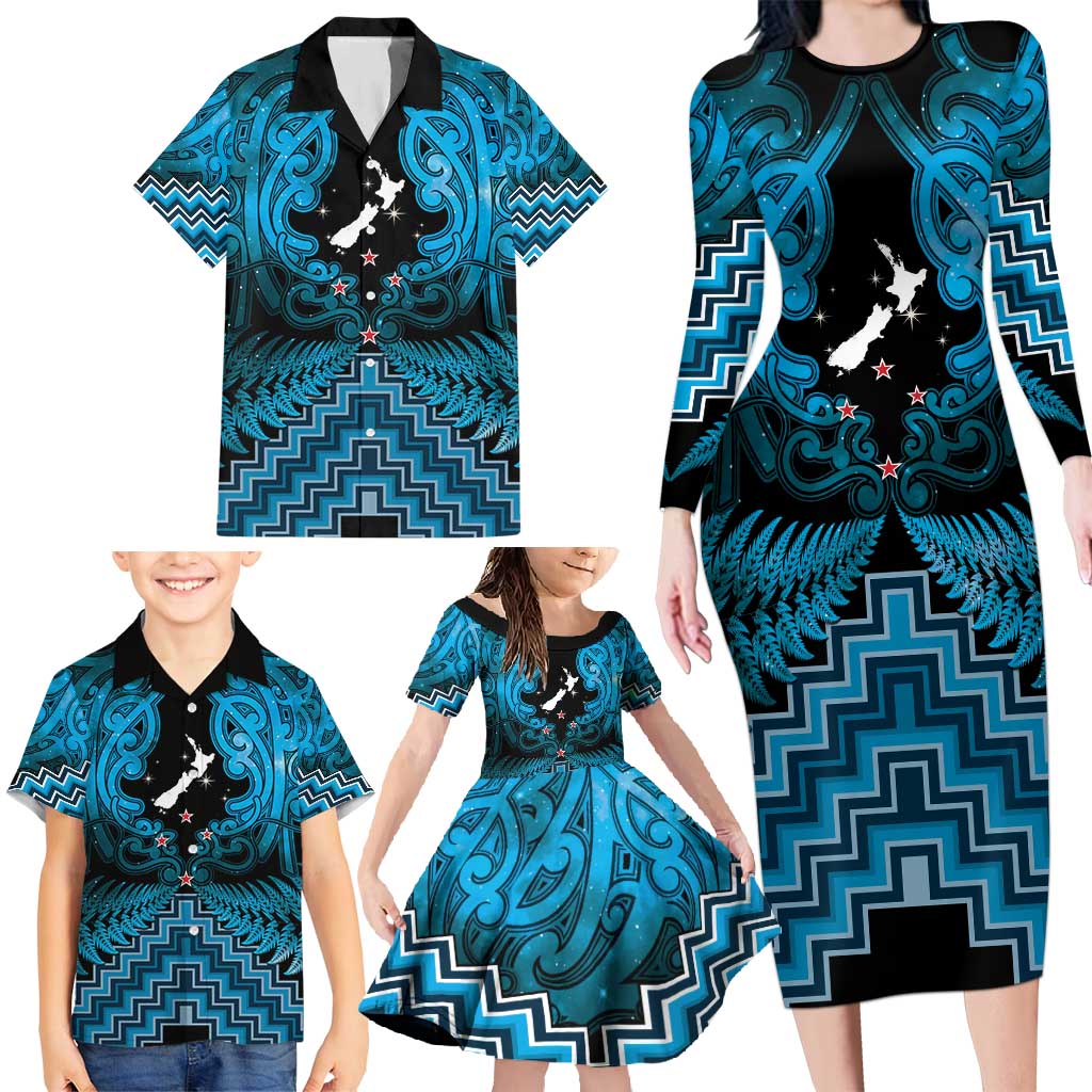Personalised Aotearoa Matariki Family Matching Long Sleeve Bodycon Dress and Hawaiian Shirt Turquoise Fern Maori Poutama