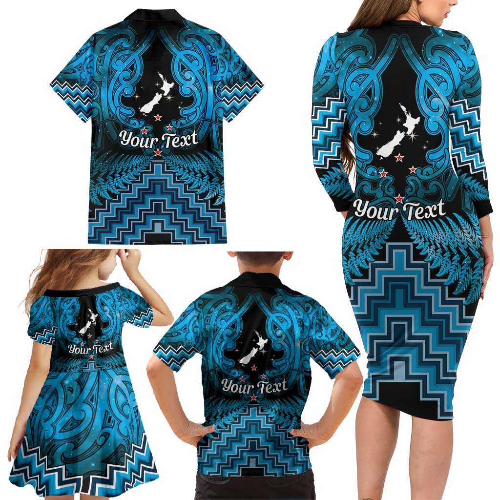 Personalised Aotearoa Matariki Family Matching Long Sleeve Bodycon Dress and Hawaiian Shirt Turquoise Fern Maori Poutama