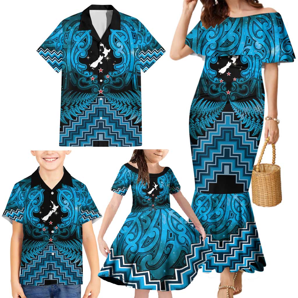 Personalised Aotearoa Matariki Family Matching Mermaid Dress and Hawaiian Shirt Turquoise Fern Maori Poutama
