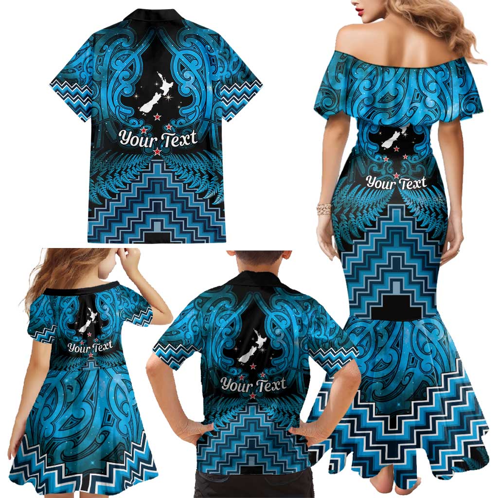 Personalised Aotearoa Matariki Family Matching Mermaid Dress and Hawaiian Shirt Turquoise Fern Maori Poutama