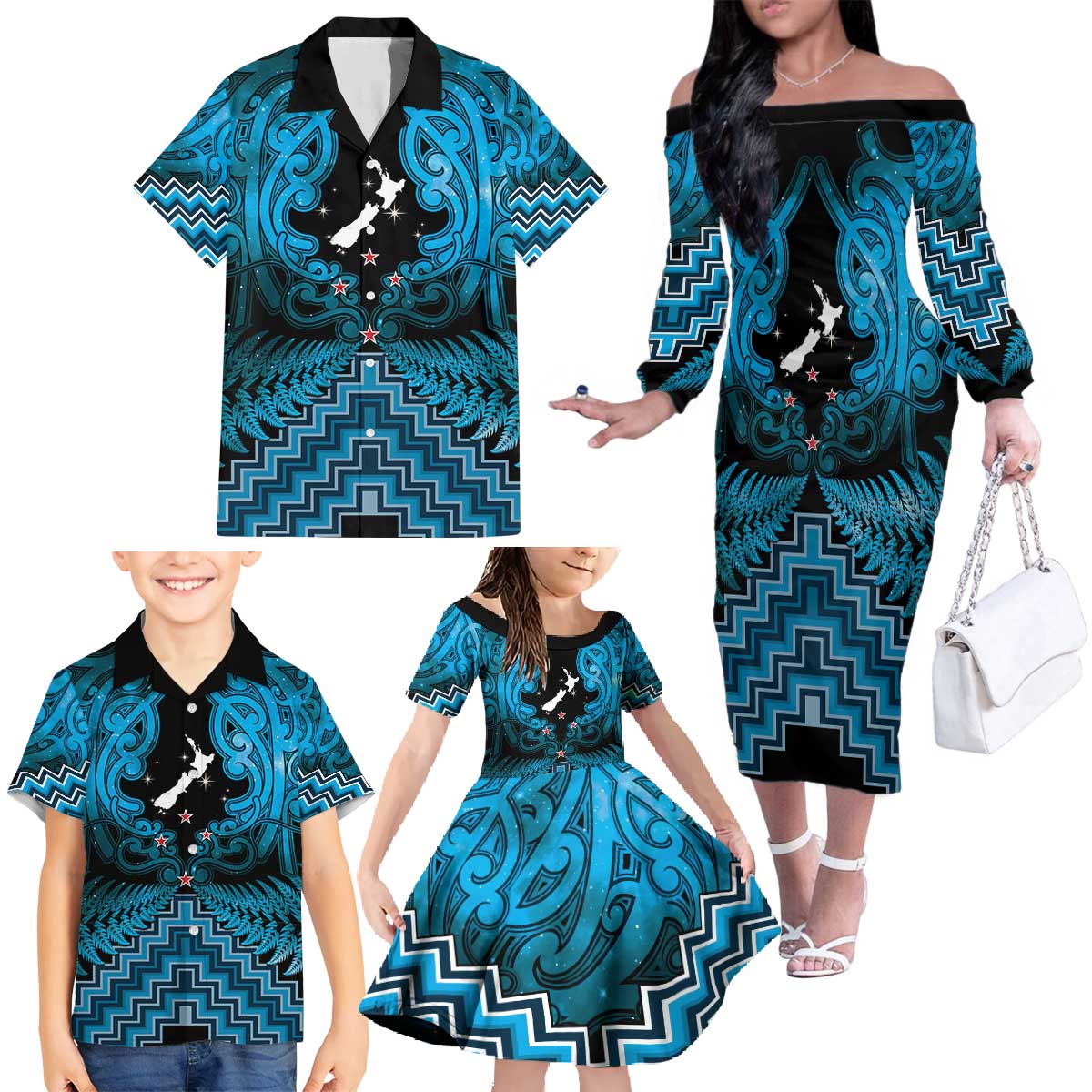 Personalised Aotearoa Matariki Family Matching Off The Shoulder Long Sleeve Dress and Hawaiian Shirt Turquoise Fern Maori Poutama