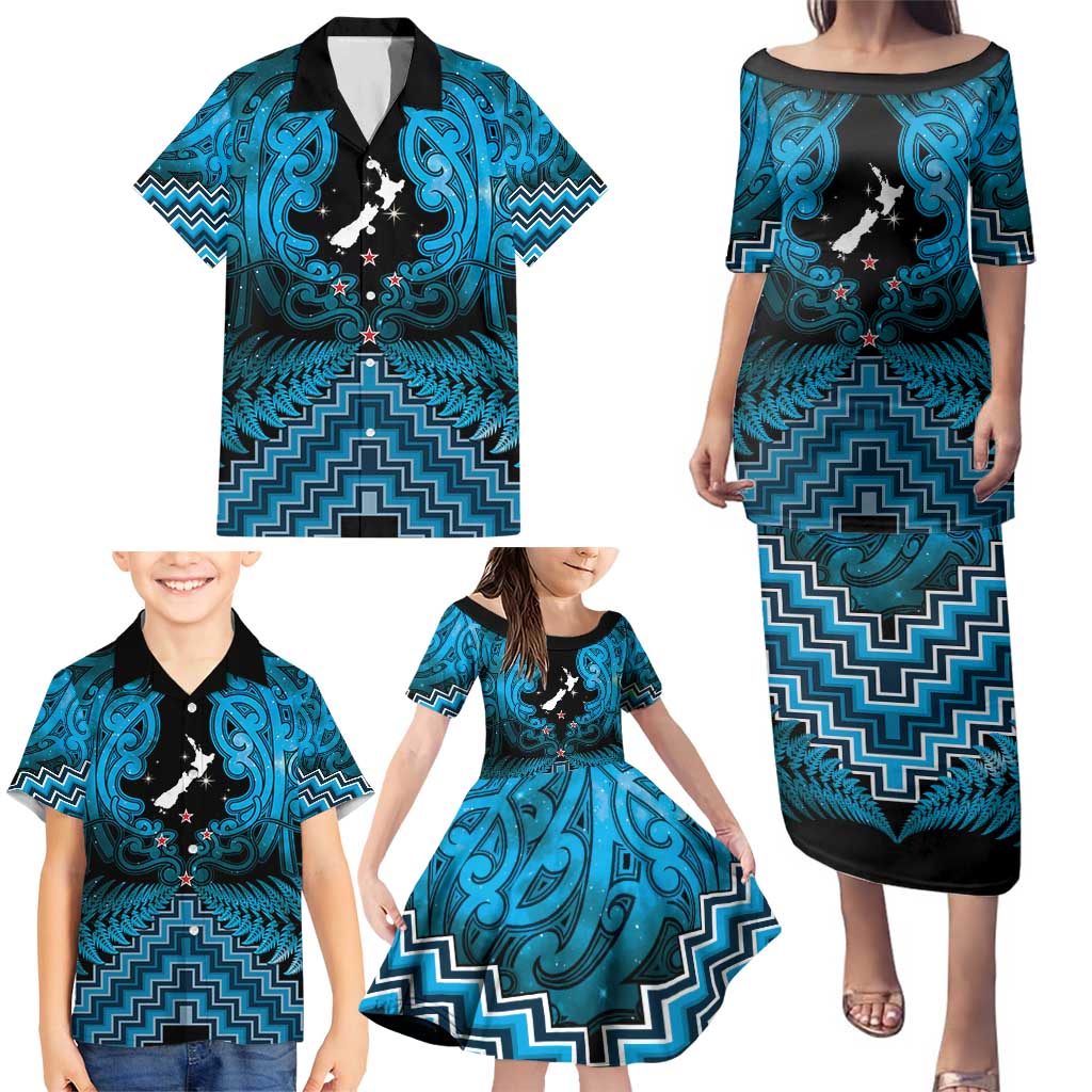 Personalised Aotearoa Matariki Family Matching Puletasi and Hawaiian Shirt Turquoise Fern Maori Poutama