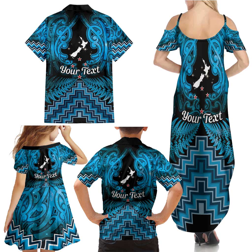 Personalised Aotearoa Matariki Family Matching Summer Maxi Dress and Hawaiian Shirt Turquoise Fern Maori Poutama