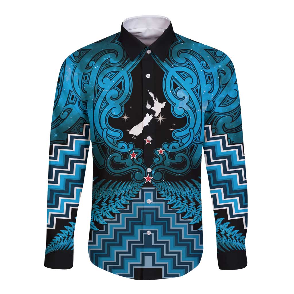 Personalised Aotearoa Matariki Long Sleeve Button Shirt Turquoise Fern Maori Poutama