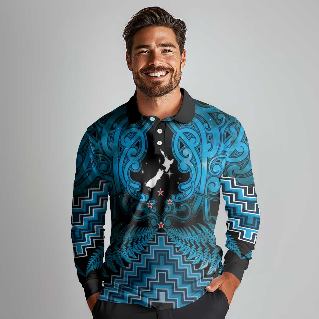 Personalised Aotearoa Matariki Long Sleeve Polo Shirt Turquoise Fern Maori Poutama
