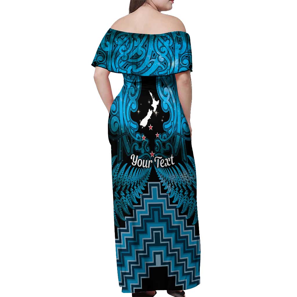 Personalised Aotearoa Matariki Off Shoulder Maxi Dress Turquoise Fern Maori Poutama