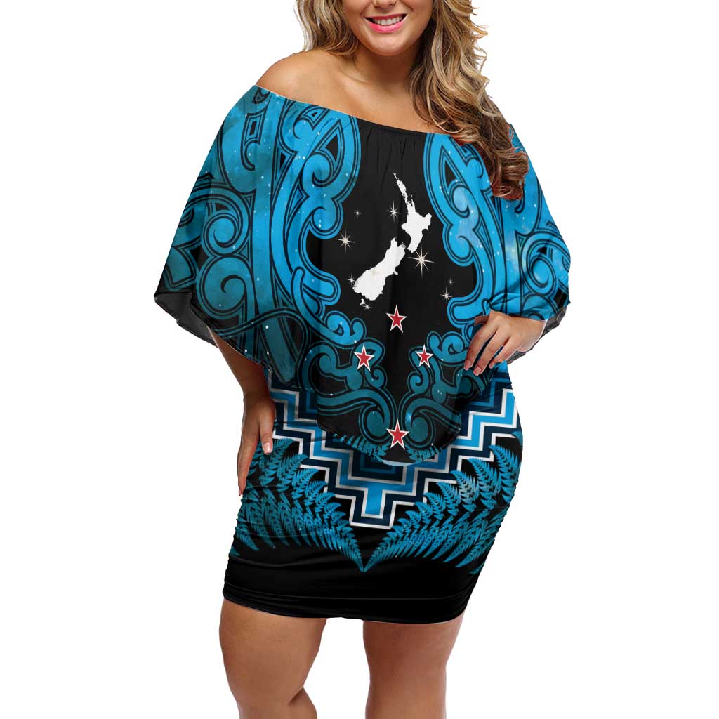 Personalised Aotearoa Matariki Off Shoulder Short Dress Turquoise Fern Maori Poutama