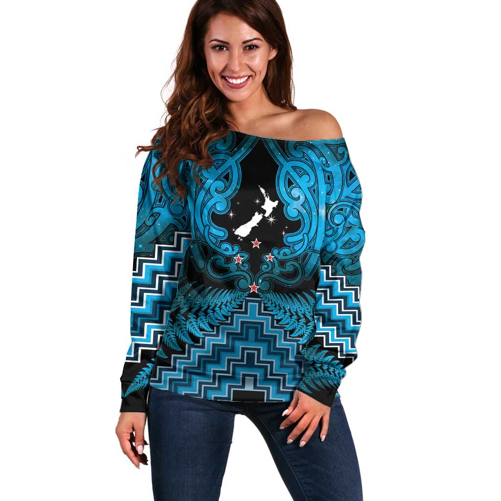 Personalised Aotearoa Matariki Off Shoulder Sweater Turquoise Fern Maori Poutama