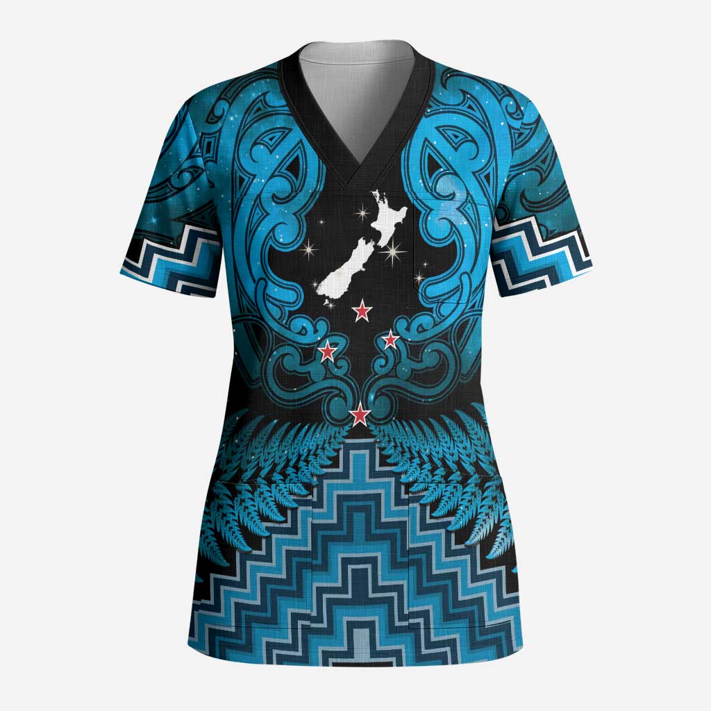 Personalised Aotearoa Matariki Scrub Top Turquoise Fern Maori Poutama - Polynesian Pride