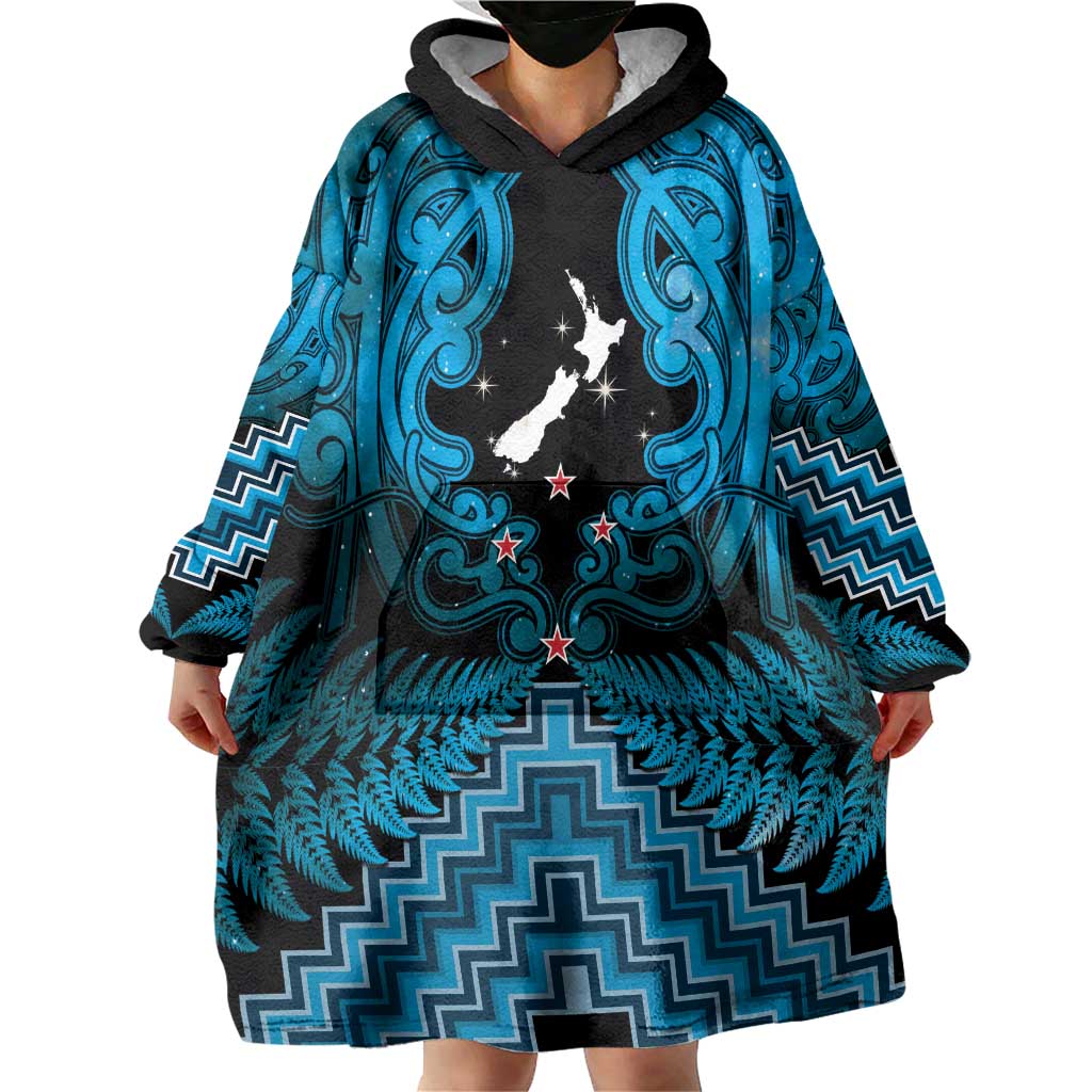 Personalised Aotearoa Matariki Wearable Blanket Hoodie Turquoise Fern Maori Poutama
